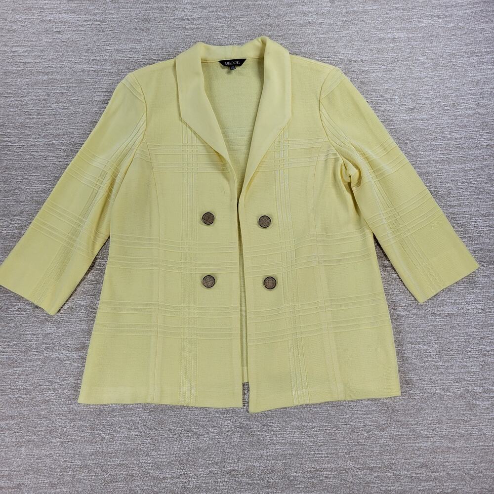 Misook Knit Sweater Jacket PM Petite Yellow Plaid Double Breasted 3/4 Sleeve